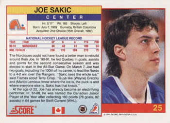 1991-92 Score Canadian English #25 Joe Sakic Back