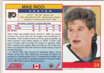 1991-92 Score Canadian English #28 Mike Ricci Back