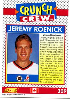1991-92 Score Canadian English #309 Jeremy Roenick Back