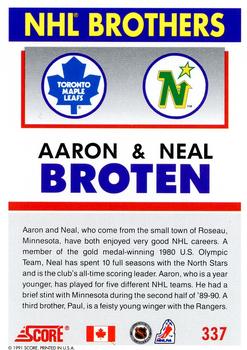 1991-92 Score Canadian English #337 Aaron Broten / Neal Broten Back