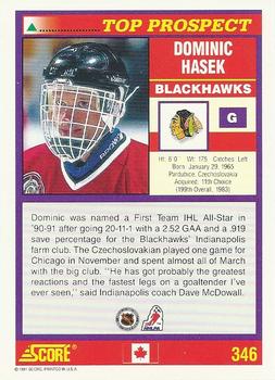1991-92 Score Canadian English #346 Dominik Hasek Back