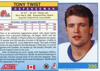 1991-92 Score Canadian English #396 Tony Twist Back