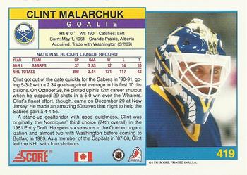 1991-92 Score Canadian English #419 Clint Malarchuk Back