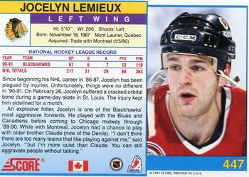 1991-92 Score Canadian English #447 Jocelyn Lemieux Back