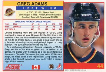 1991-92 Score Canadian English #44 Greg Adams Back