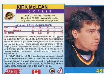 1991-92 Score Canadian English #481 Kirk McLean Back