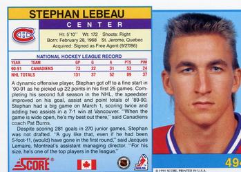 1991-92 Score Canadian English #494 Stephan Lebeau Back