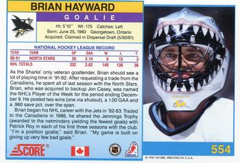 1991-92 Score Canadian English #554 Brian Hayward Back