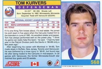 1991-92 Score Canadian English #568 Tom Kurvers Back