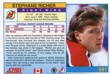 1991-92 Score Canadian English #581 Stephane Richer Back