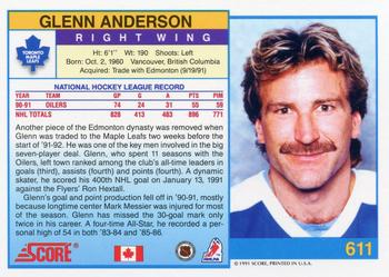 1991-92 Score Canadian English #611 Glenn Anderson Back