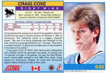 1991-92 Score Canadian English #646 Craig Coxe Back