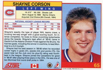 1991-92 Score Canadian English #65 Shayne Corson Back