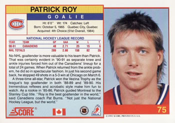 1991-92 Score Canadian English #75 Patrick Roy Back