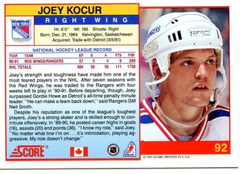 1991-92 Score Canadian English #92 Joey Kocur Back