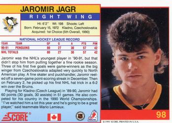 1991-92 Score Canadian English #98 Jaromir Jagr Back