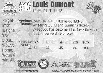 1997-98 Starzsports Louisiana Ice Gators (ECHL) #NNO Louis Dumont Back