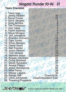 1993-94 Slapshot Niagara Falls Thunder (OHL) #1 Title CardChecklist Back