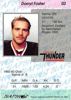 1993-94 Slapshot Niagara Falls Thunder (OHL) #3 Darryl Foster Back