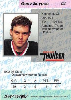 1993-94 Slapshot Niagara Falls Thunder (OHL) #4 Gerry Skrypec Back