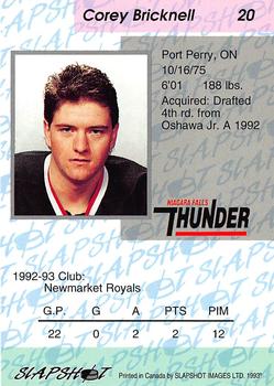 1993-94 Slapshot Niagara Falls Thunder (OHL) #20 Corey Bricknell Back