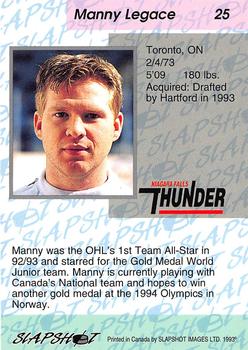 1993-94 Slapshot Niagara Falls Thunder (OHL) #25 Manny Legace Back