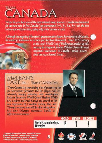 1997 Esso Olympic Hockey Heroes #5 Team Canada Back