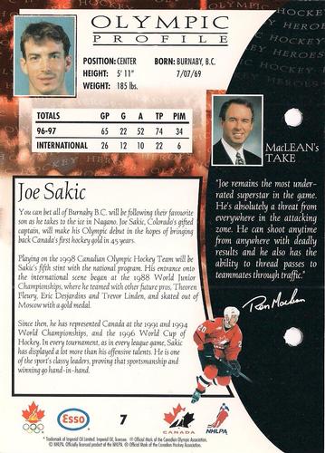1997 Esso Olympic Hockey Heroes #7 Joe Sakic Back