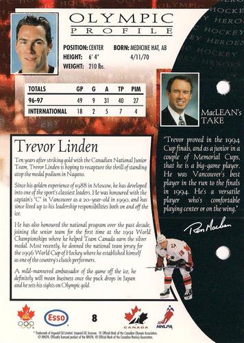 1997 Esso Olympic Hockey Heroes #8 Trevor Linden Back