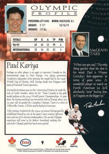 1997 Esso Olympic Hockey Heroes #9 Paul Kariya Back