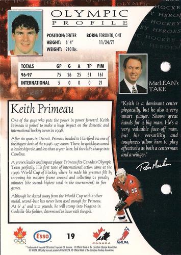 1997 Esso Olympic Hockey Heroes #19 Keith Primeau Back