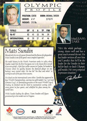 1997 Esso Olympic Hockey Heroes #42 Mats Sundin Back