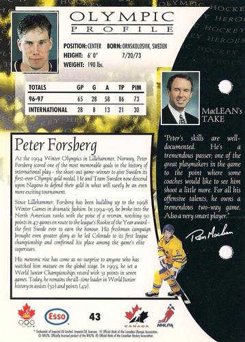 1997 Esso Olympic Hockey Heroes #43 Peter Forsberg Back