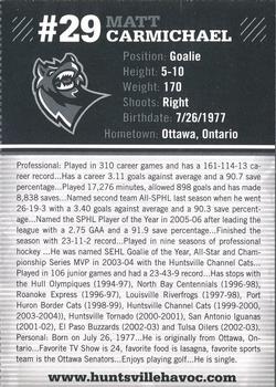 2007-08 Huntsville Havoc (SPHL) #NNO Matt Carmichael Back