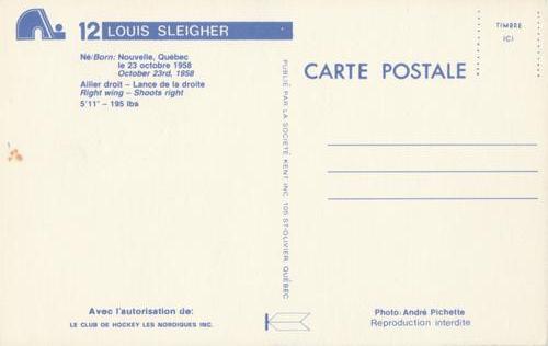 1982-83 Quebec Nordiques Postcards #NNO Louis Sleigher Back