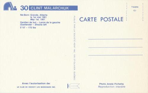 1982-83 Quebec Nordiques Postcards #NNO Clint Malarchuk Back
