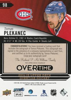 2014-15 Upper Deck Overtime - Autographs #98 Tomas Plekanec Back