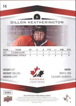 2014 Upper Deck Team Canada Juniors #14 Dillion Heatherington Back