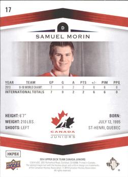 2014 Upper Deck Team Canada Juniors #17 Samuel Morin Back