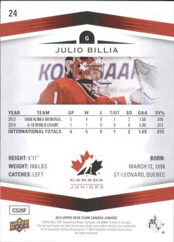 2014 Upper Deck Team Canada Juniors #24 Julio Billia Back