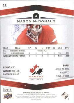 2014 Upper Deck Team Canada Juniors #35 Mason McDonald Back