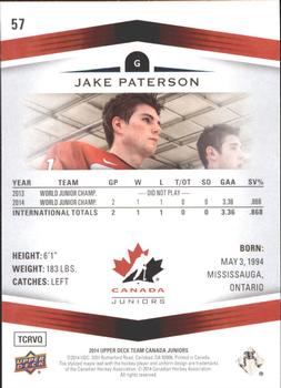 2014 Upper Deck Team Canada Juniors #57 Jake Paterson Back