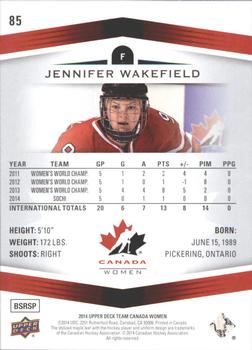 2014 Upper Deck Team Canada Juniors #85 Jennifer Wakefield Back