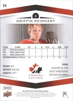 2014 Upper Deck Team Canada Juniors #94 Griffin Reinhart Back