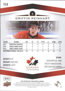 2014 Upper Deck Team Canada Juniors #114 Griffin Reinhart Back