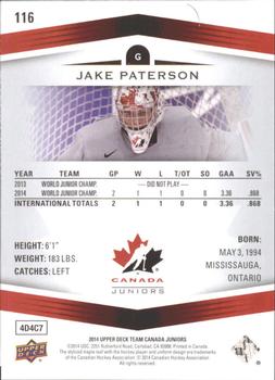 2014 Upper Deck Team Canada Juniors #116 Jake Paterson Back