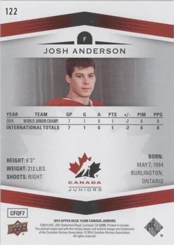 2014 Upper Deck Team Canada Juniors #122 Josh Anderson Back