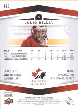 2014 Upper Deck Team Canada Juniors #128 Julio Billia Back