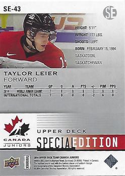2014 Upper Deck Team Canada Juniors - Special Edition #SE-43 Taylor Leier Back