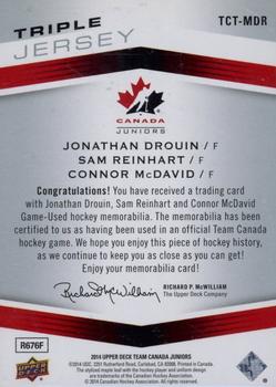 2014 Upper Deck Team Canada Juniors - Triple Jerseys #TCT-MDR Connor McDavid/Jonathan Drouin/Sam Reinhart Back